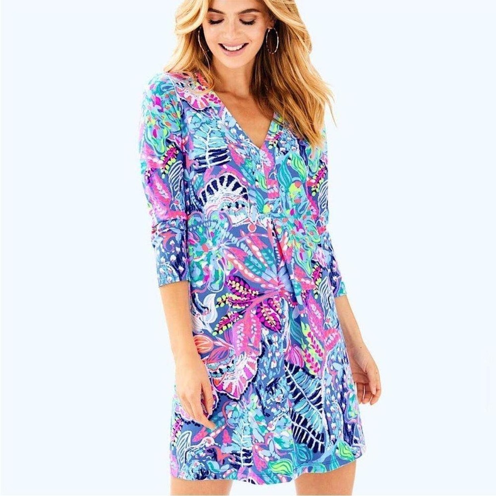 Lilly Pulitzer Amina Dress Fantasy Garden Blue‎ Pink Pima Cotton XXS 3/4 Sleeve